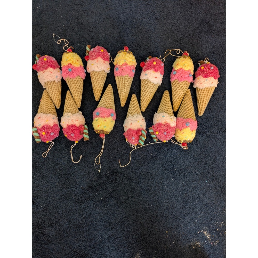 Lot of 13 Ice Cream Cone Christmas Ornaments Pink Yellow Glitter Waffle Cone 7"